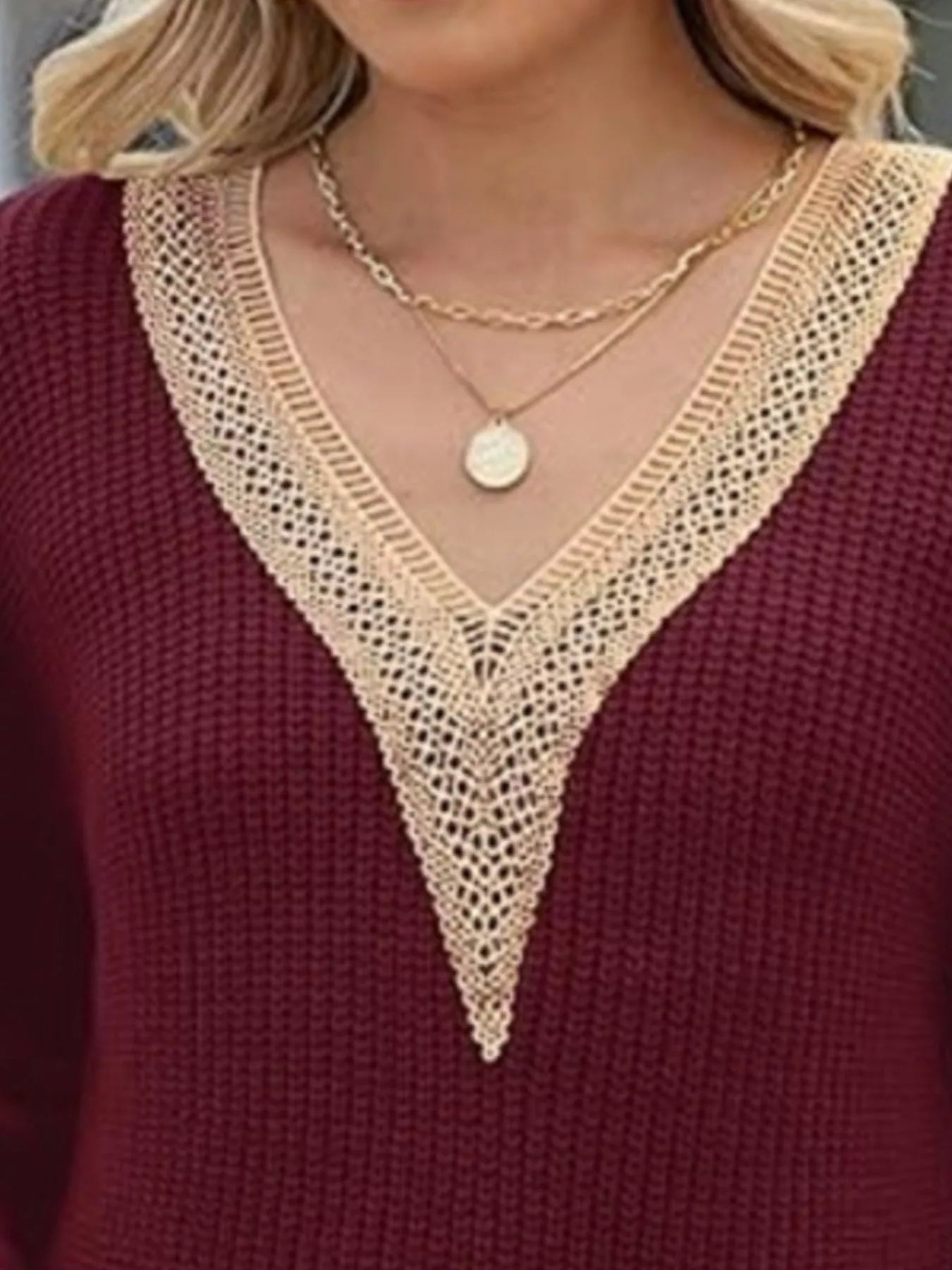 Openwork V-Neck Long Sleeve Sweater