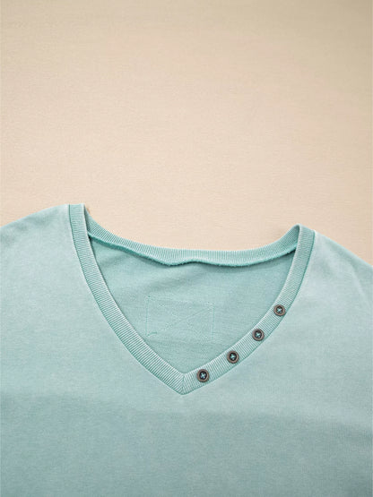 Mineral Wash Exposed Seam Buttoned V Neck Top