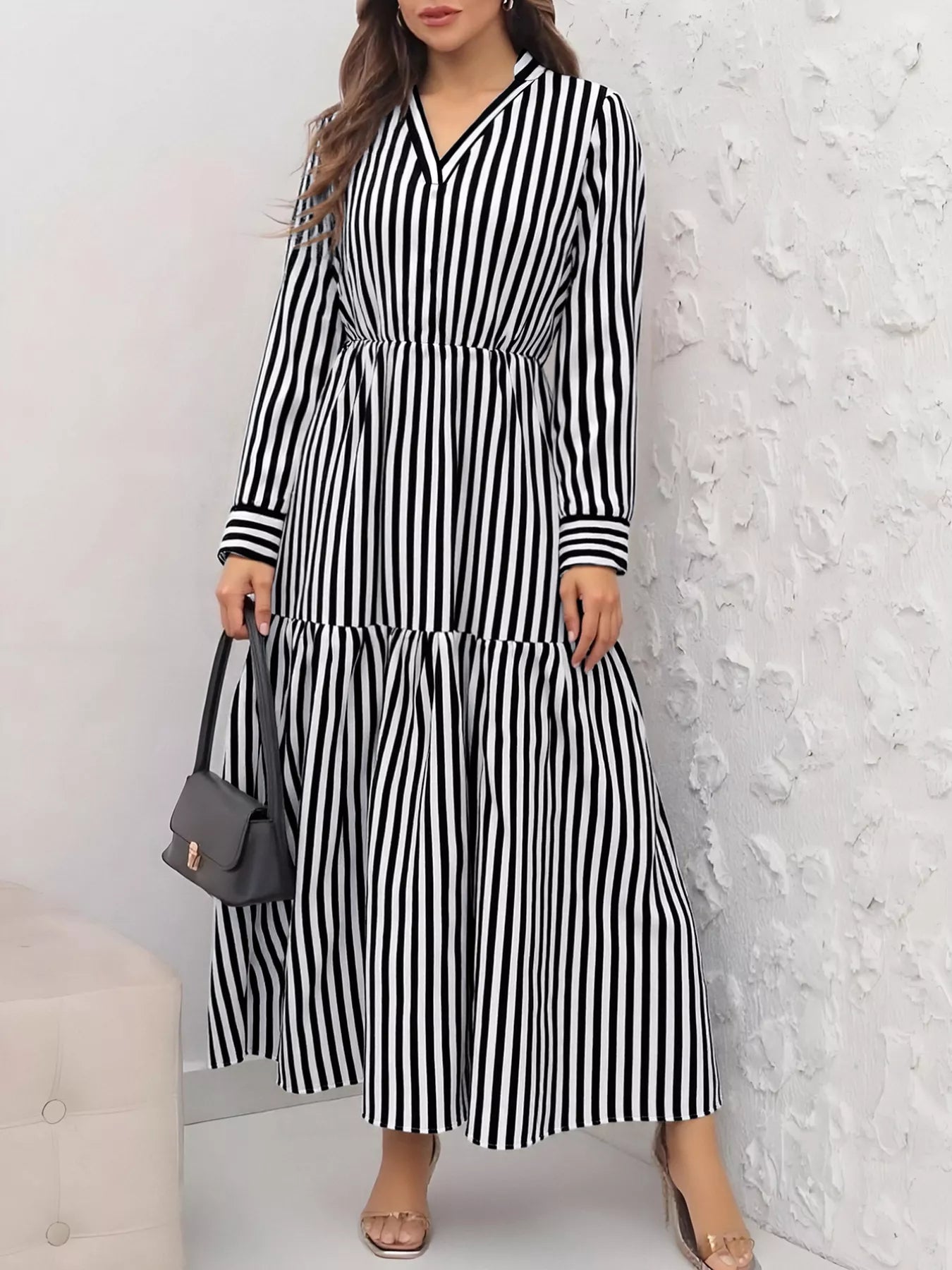 Striped Notched Long Sleeve Midi Dress