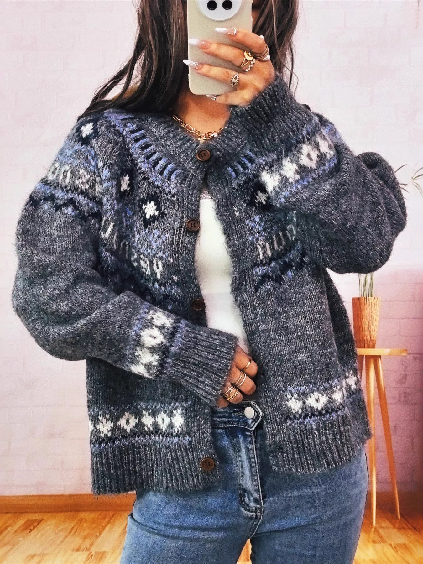 Geometric Pattern Button Up Long Sleeve Cardigan Dark Gray One Size