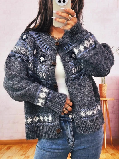 Geometric Pattern Button Up Long Sleeve Cardigan Dark Gray One Size