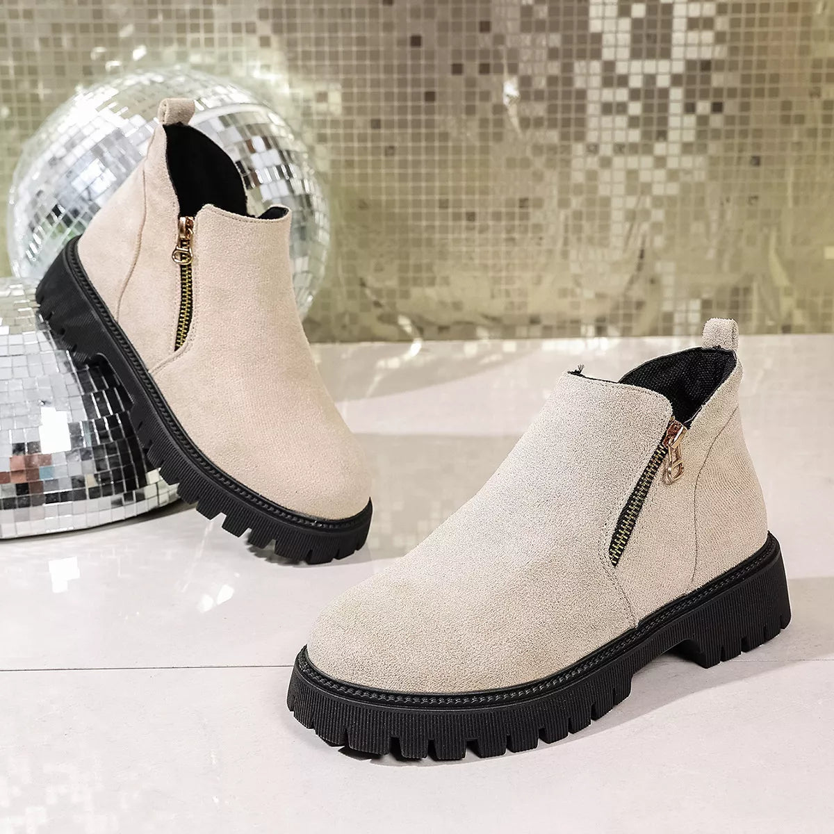 Round Toe Side Zip Ankle Boots