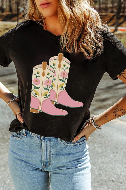 Floral Cowgirl Boots Graphic T-Shirt