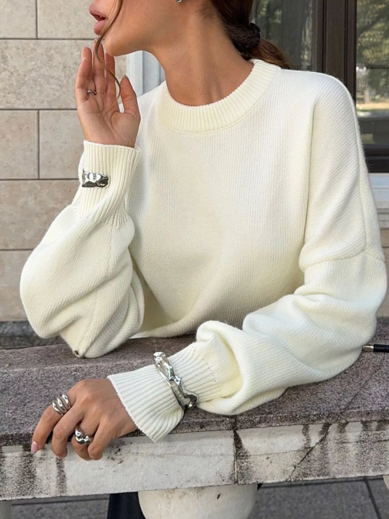 Cutout Round Neck Dropped Shoulder Sweater