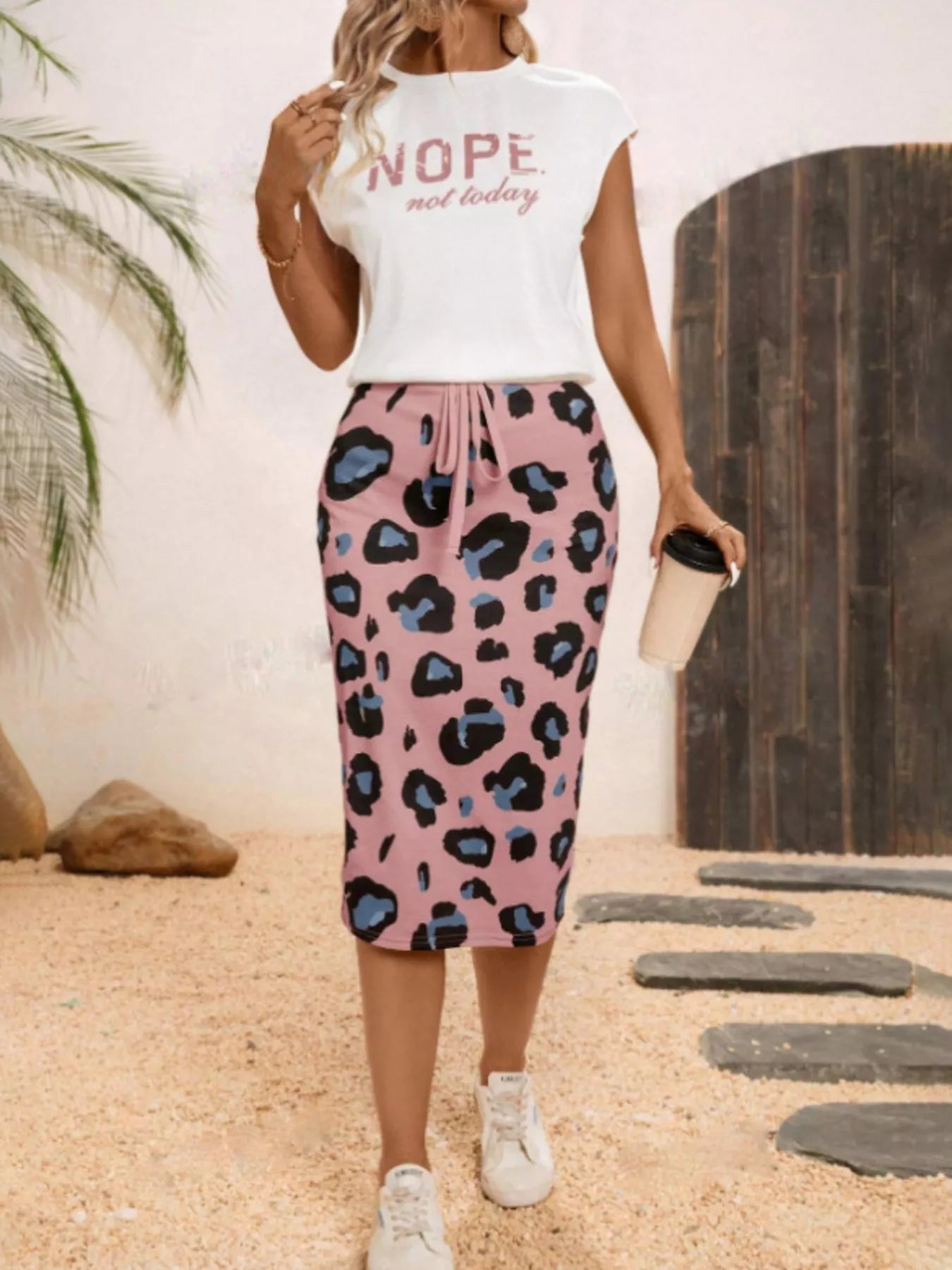 Letter Round Neck Cap Sleeve Top and Leopard Skirt Set Pink