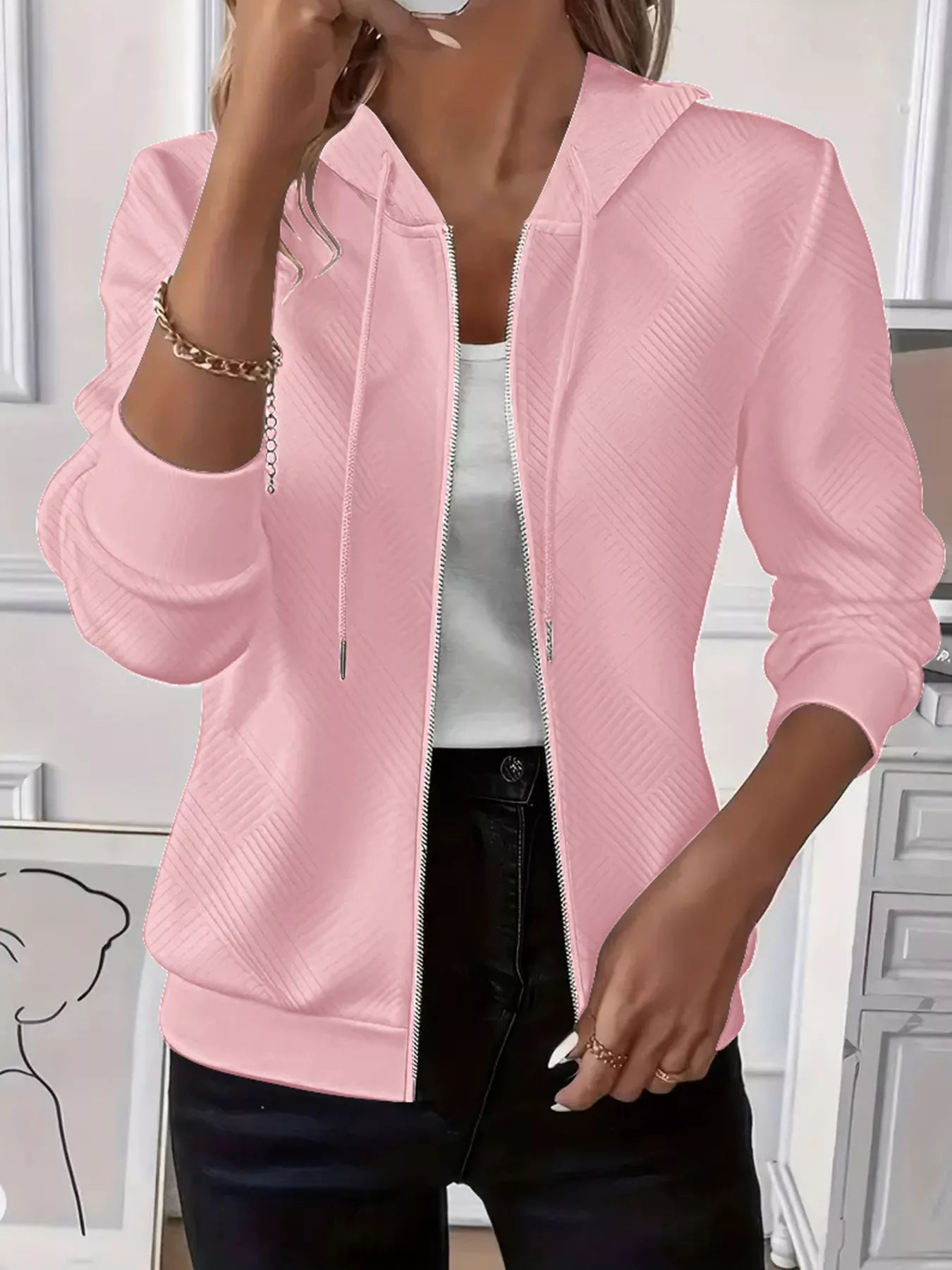 Texture Zip-Up Hoodie with Drawstring Pink