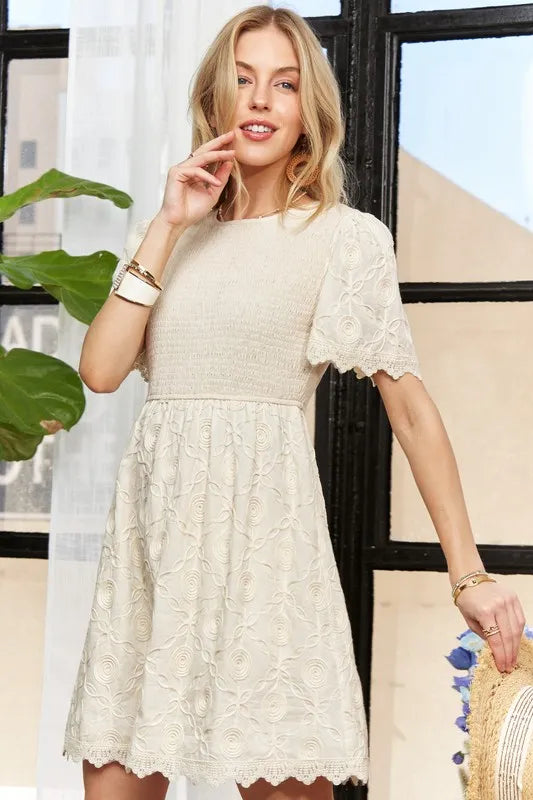 ADORA Rround Neck Crinkle Babydoll Dress BEIGE