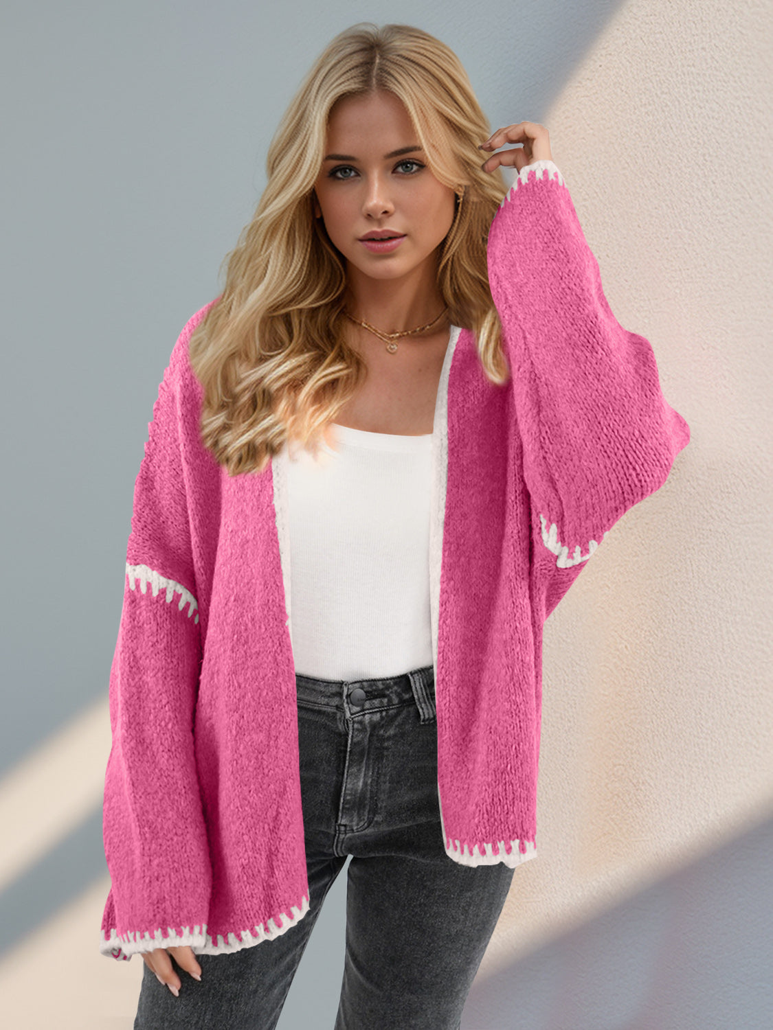 Back To School Sweater - Double Take Contrast Open Front Dropped Shoulder Cardigan