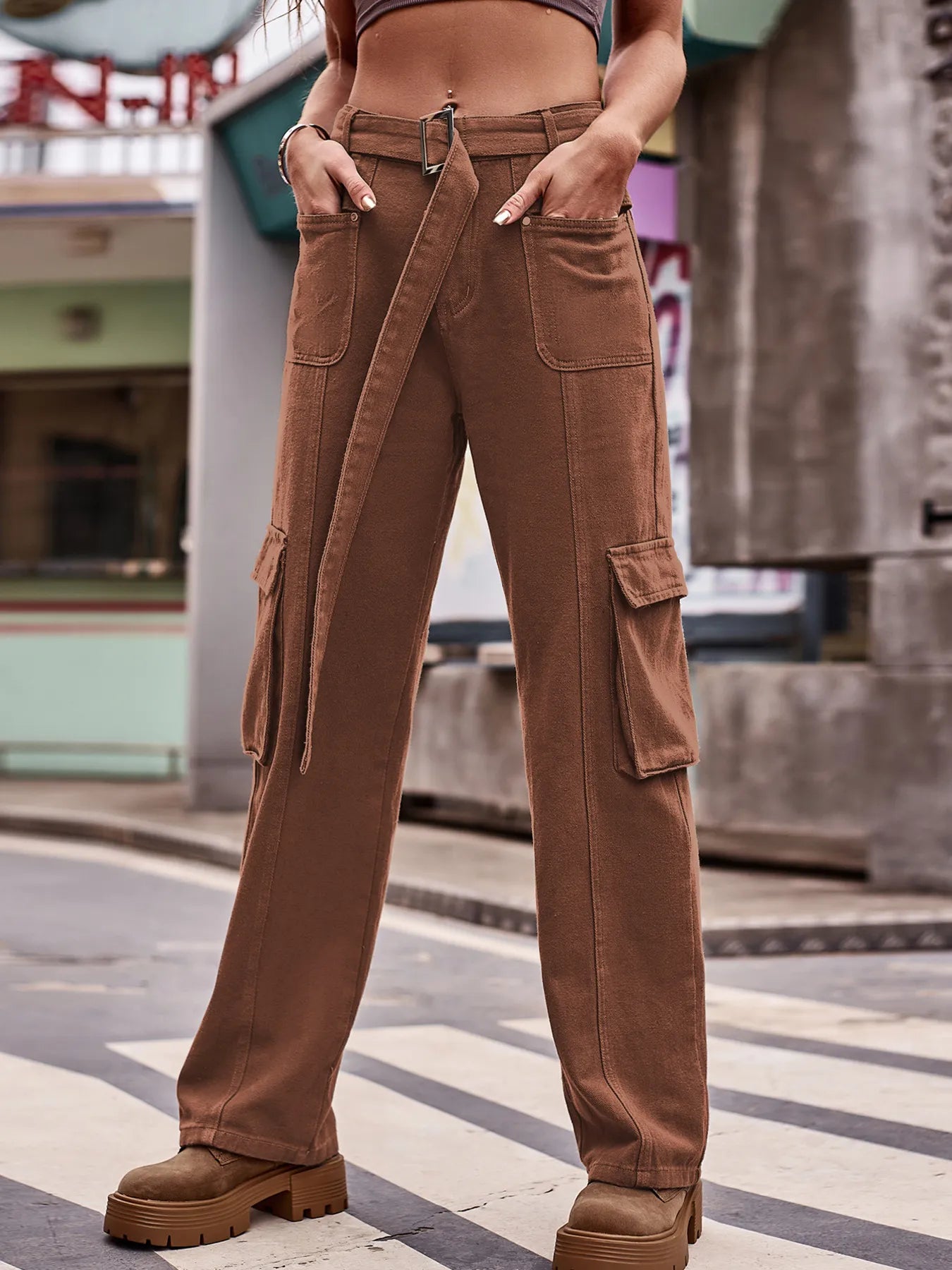 Cargo Wide Leg Jeans Brown