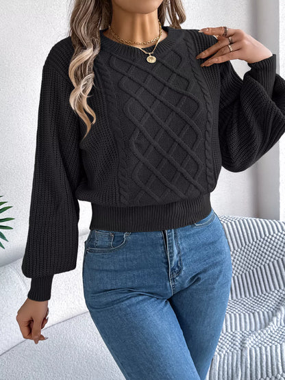 Cable Knit Diamond Pattern Long Sleeve Sweater Black