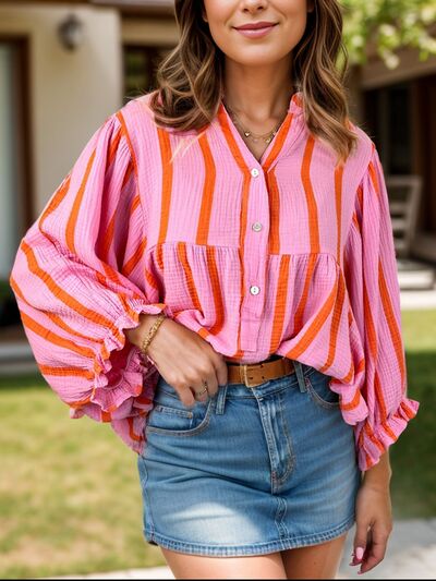 Striped Notched Long Sleeve Blouse Pink
