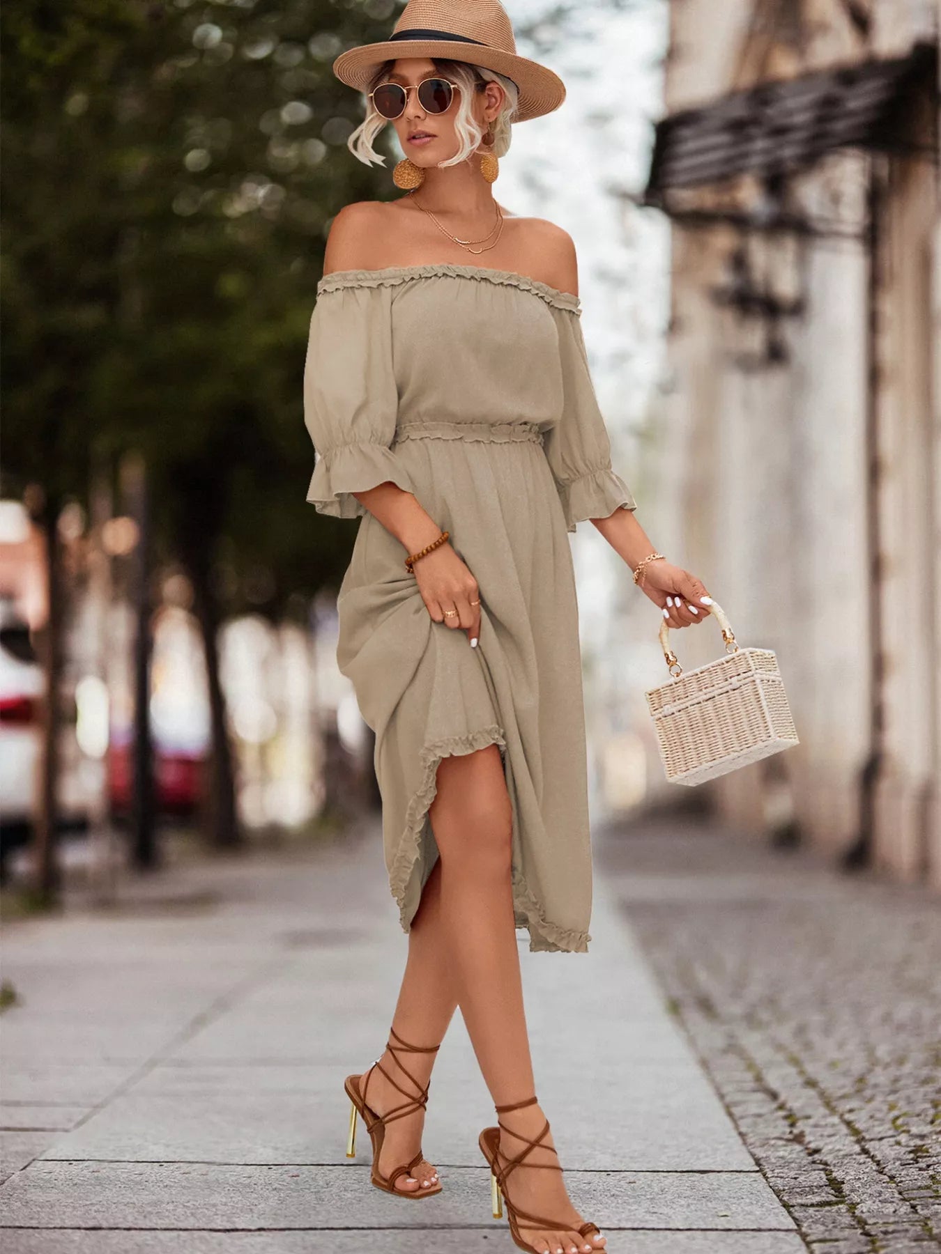 Off-Shoulder Flounce Sleeve Midi Dress