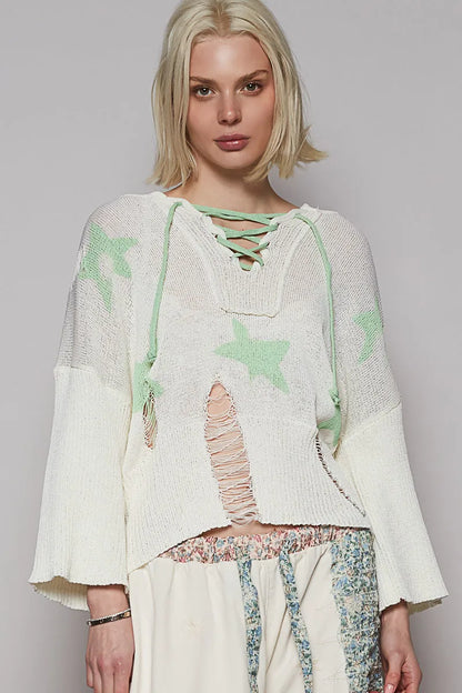 POL Distressed Lace-Up Star Pattern Hooded Hooded Sweater Gum Leaf