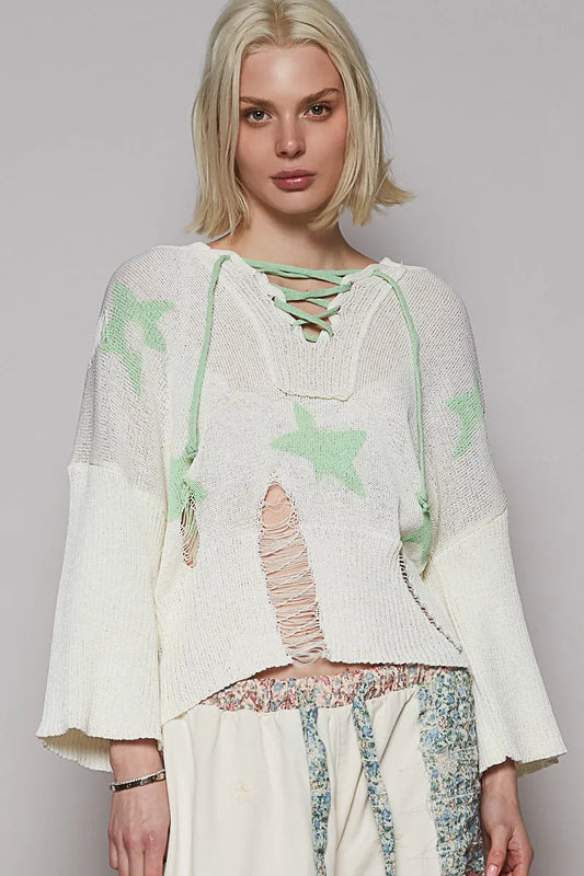 POL Distressed Lace-Up Star Pattern Hooded Hooded Sweater Gum Leaf