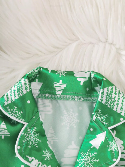 Children's Christmas Tree Print Fluffy Cuff Pajama Set