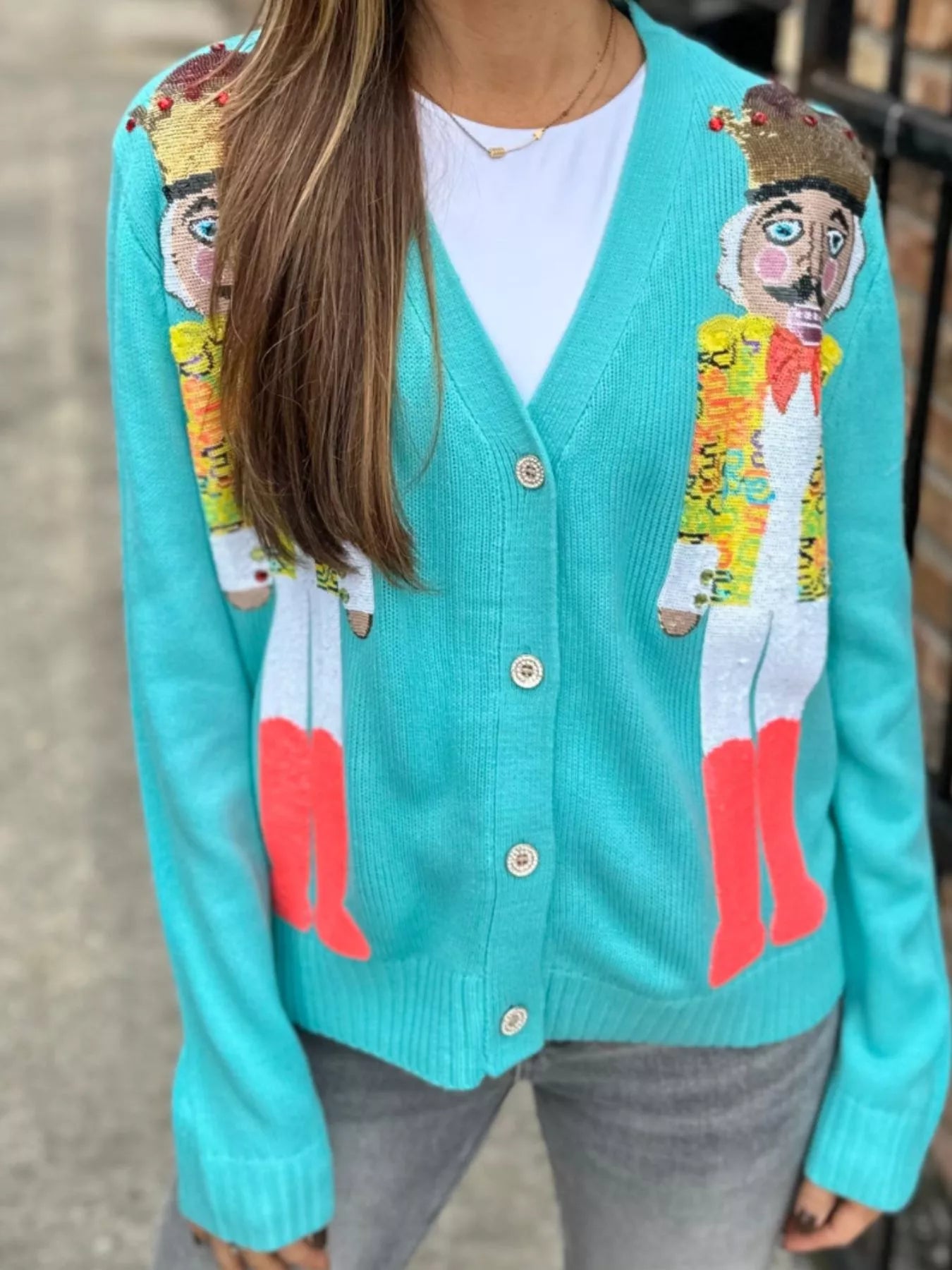 Nutcracker Ribbed Hem V-Neck Cardigan