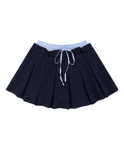 Drawstring Pleated Mini Skirt Blue