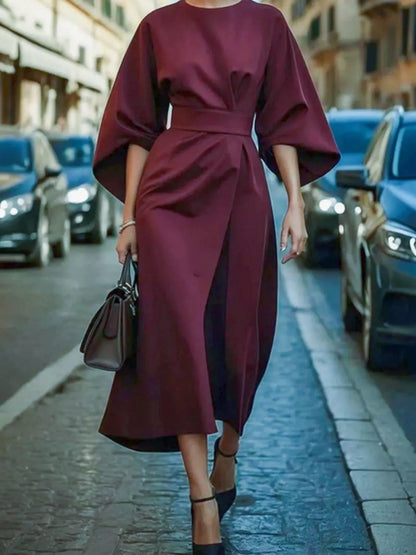 Round Neck 3/4 Sleeve Dress Burgundy