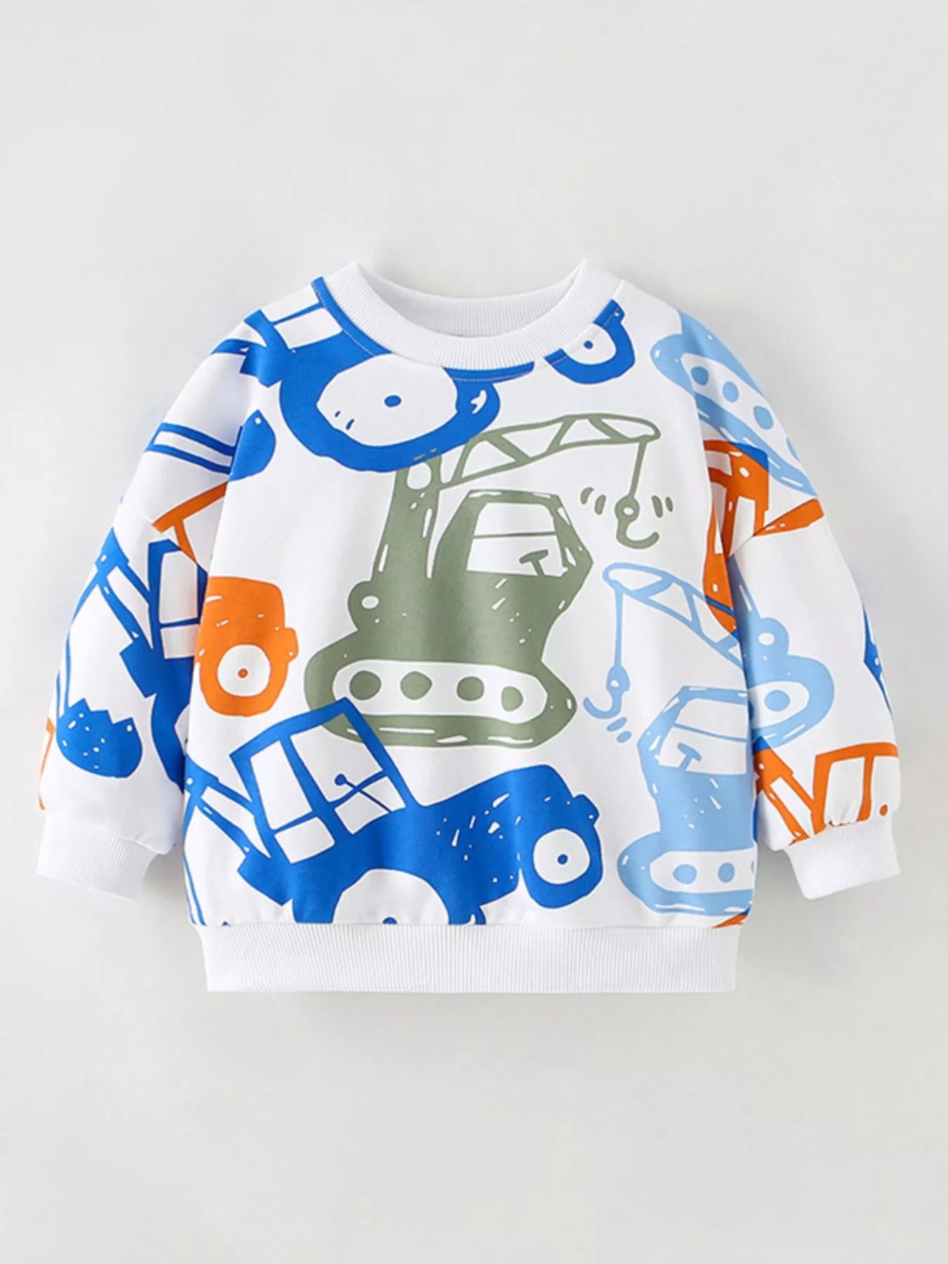 Children's Cartoon Vehicle Print Crew Neck Sweatshirt White
