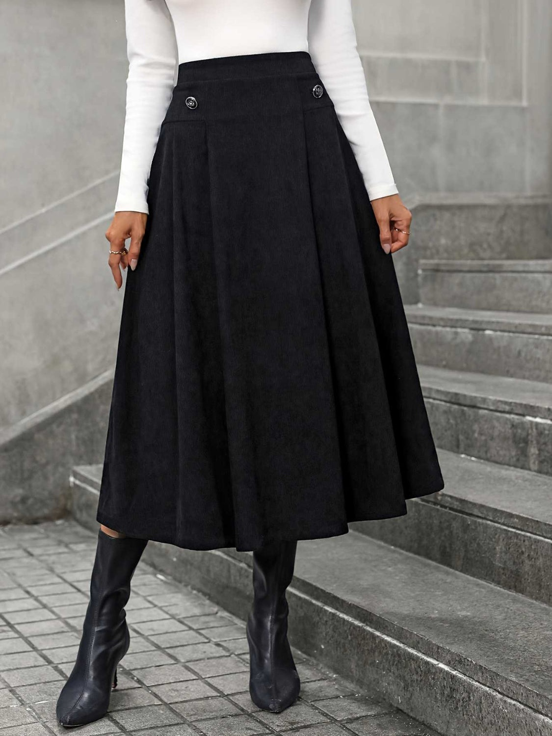 Decorative Button Ruched Midi Skirt Black