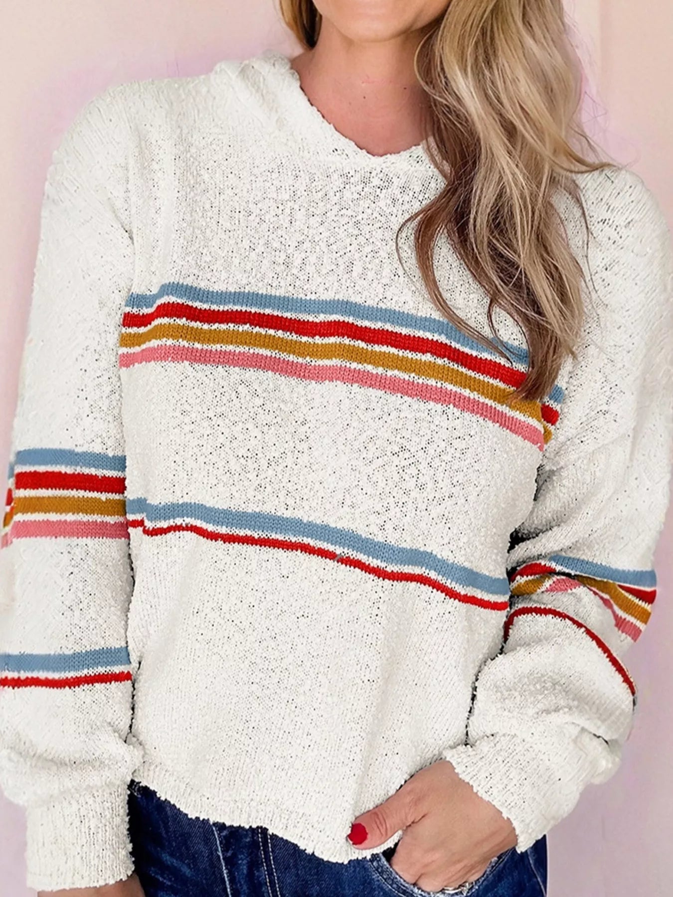 Multicolored Striped Accent Hooded Popcorn Sweater