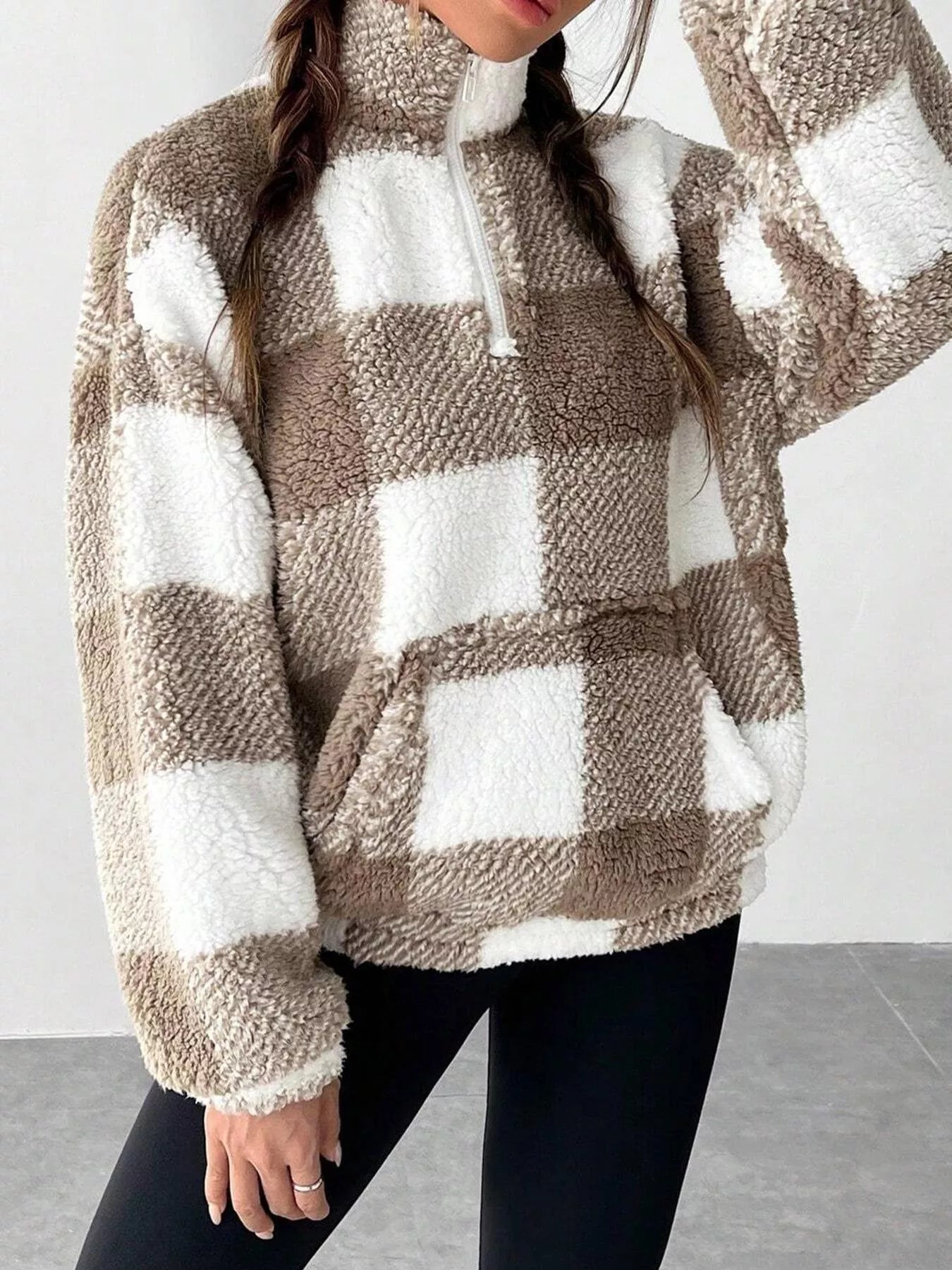 Full Size Plaid Sherpa Long Sleeve Sweatshirt Plus Size