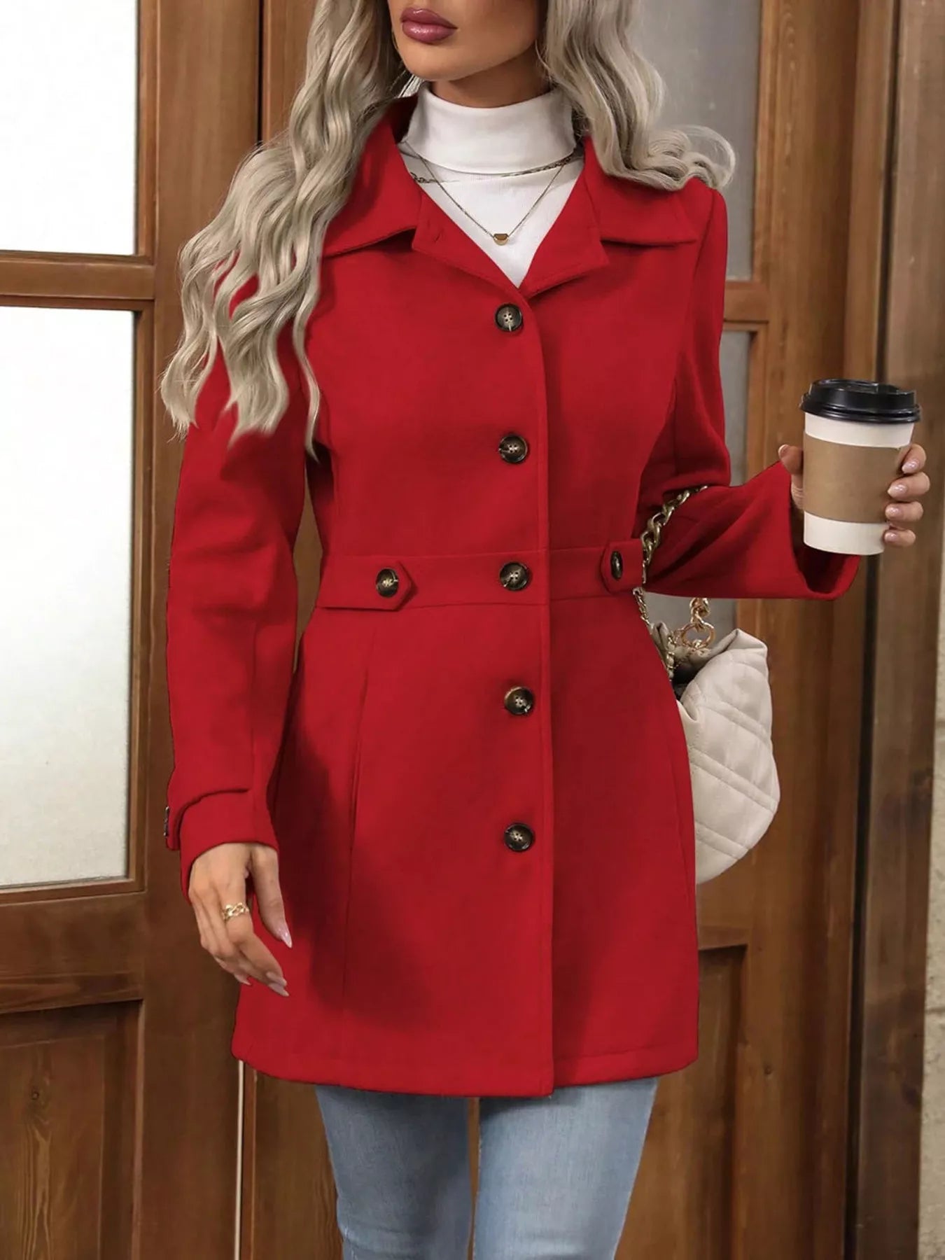 Button Up Long Sleeve Outerwear Scarlet