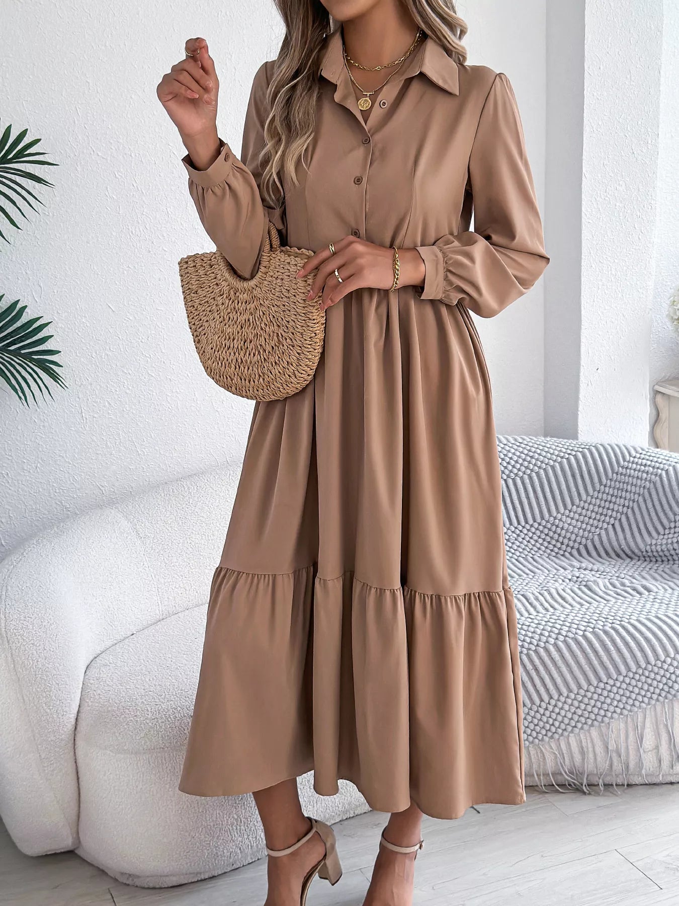 Long Sleeve Tiered Button Front Midi Dress