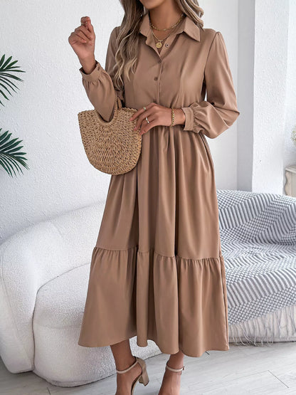 Long Sleeve Tiered Button Front Midi Dress