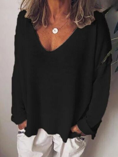 Full Size V-Neck Drop Shoulder Long Sleeve T-Shirt Plus Size Black