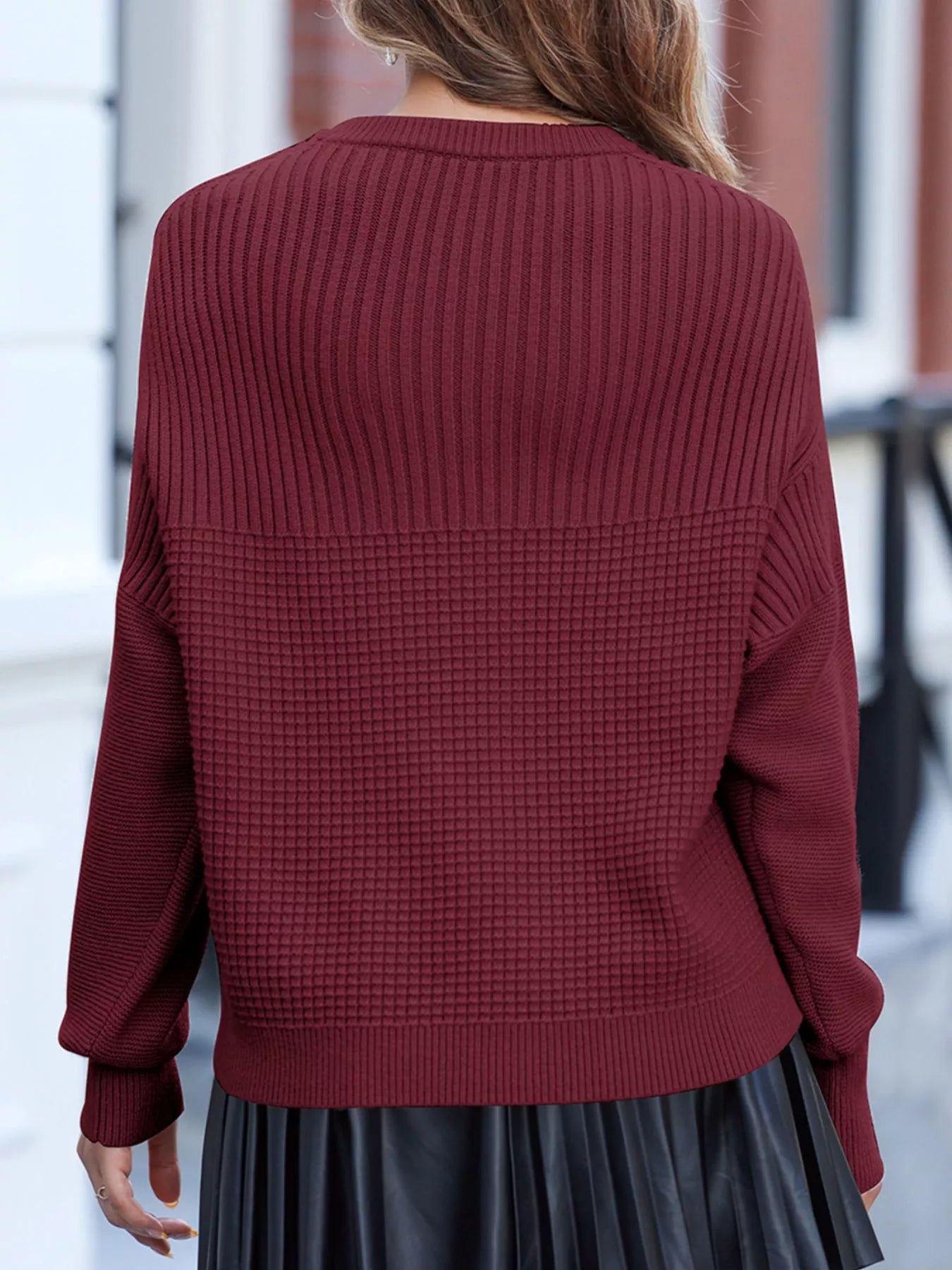 Solid Color Mixed Textured Knitted Crew Neck Sweater