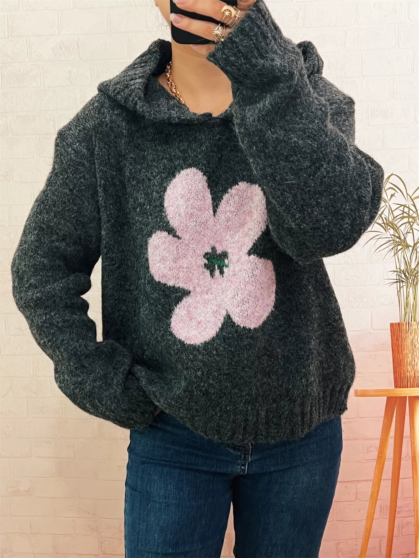 Flower Long Sleeve Hooded Sweater Dark Gray One Size