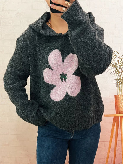 Flower Long Sleeve Hooded Sweater Dark Gray One Size
