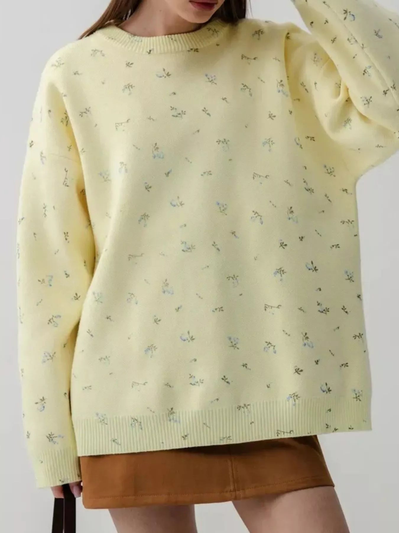 Ribbed Hem Floral Long Sleeve Sweater Yellow