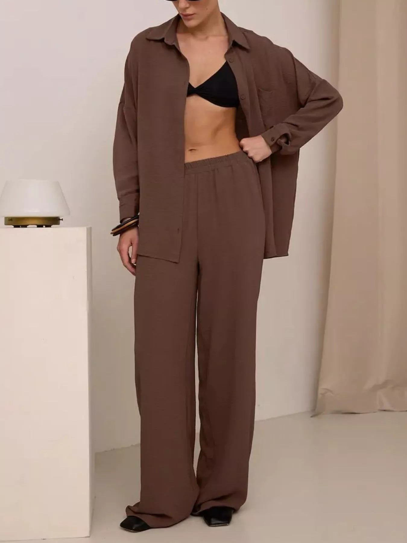 Button Up Long Sleeve Shirt and Pants Set Dark Brown