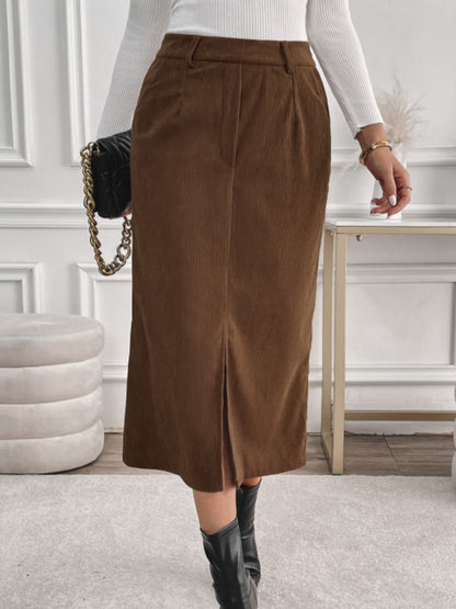 Perfee Slit Midi Skirt with Pockets Brown