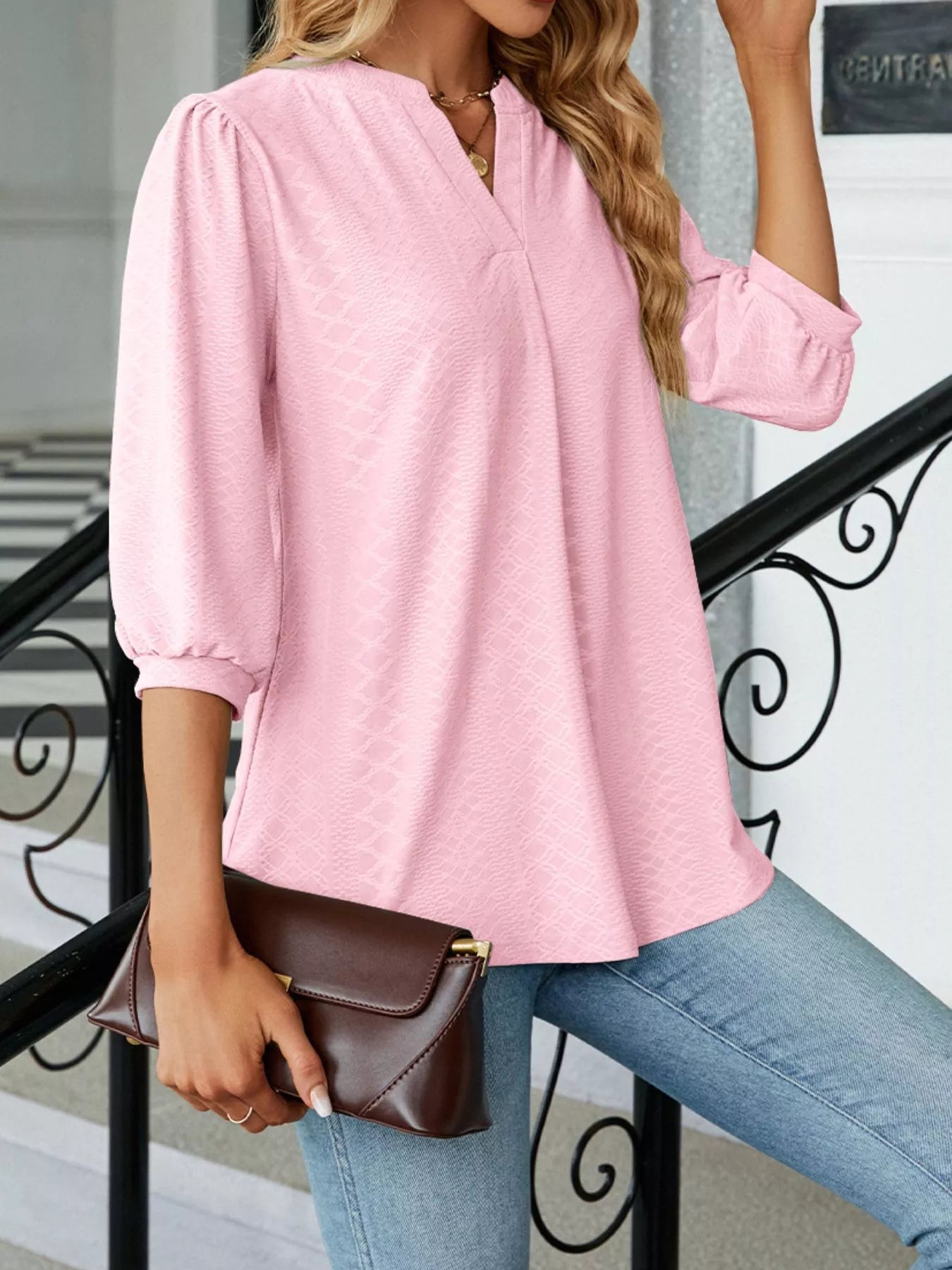 Notched 3/4 Sleeve Casual Top