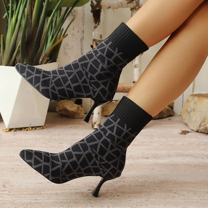 Mesh Point Toe Stiletto Boots Black