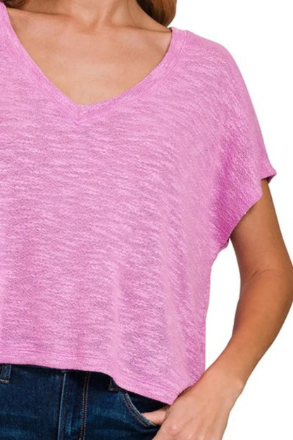 Zenana Hacci Slub V-neck Drop Shoulder Crop Top