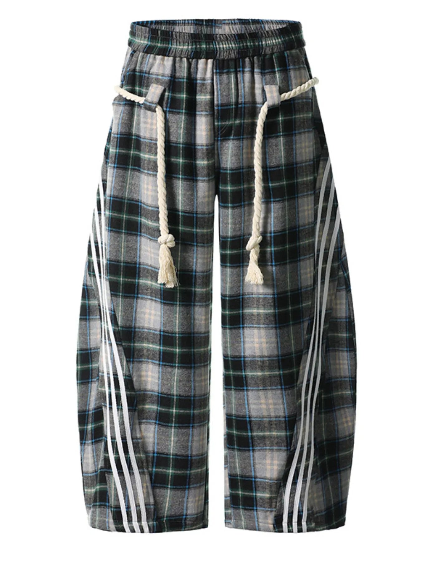 Plaid Casual Pants with Side Stripes French Blue