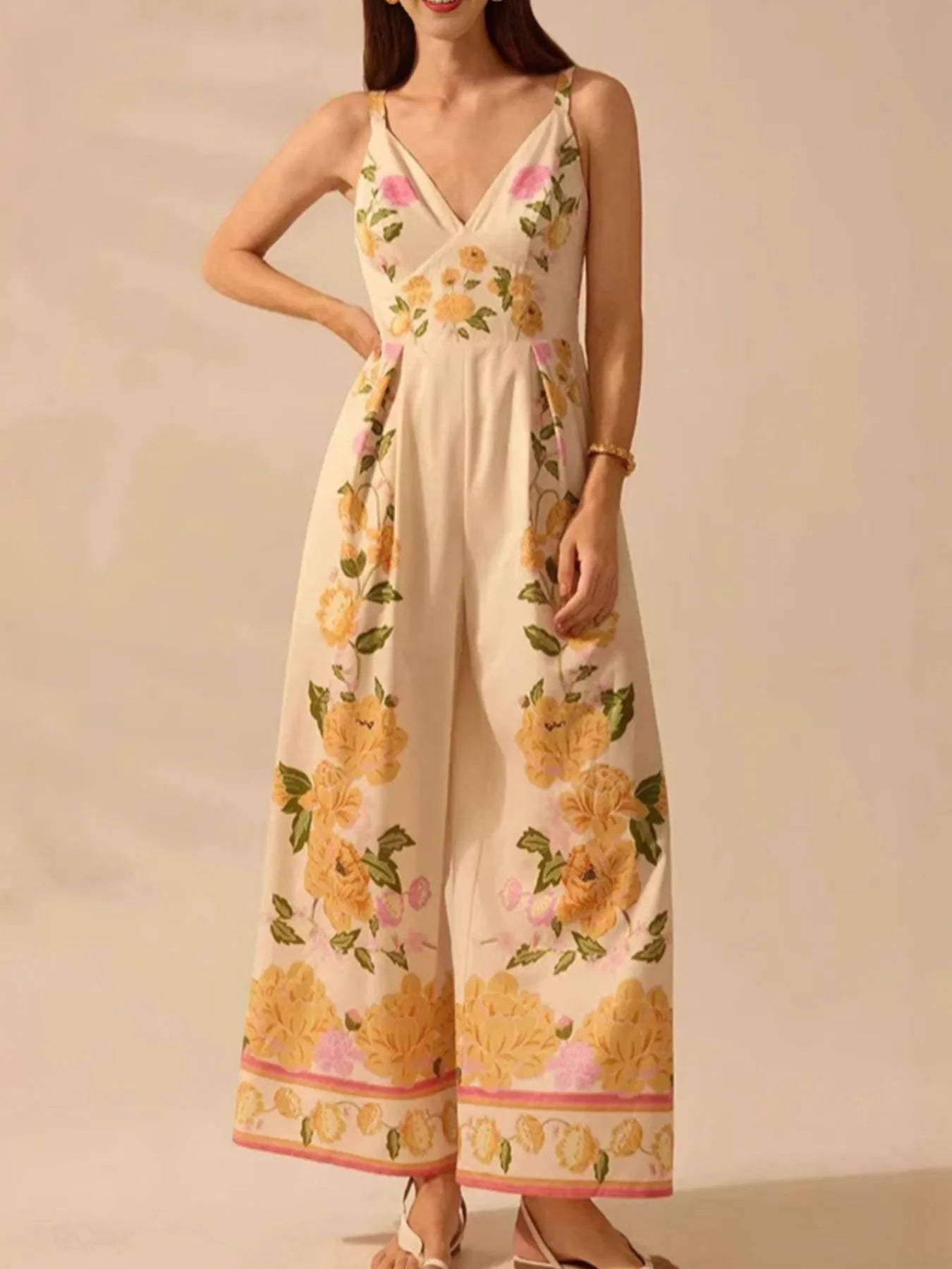 Floral Print Wide-Leg V-Neck Cami Jumpsuit