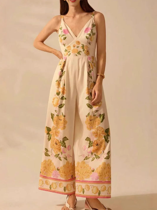 Floral Print Wide-Leg V-Neck Cami Jumpsuit