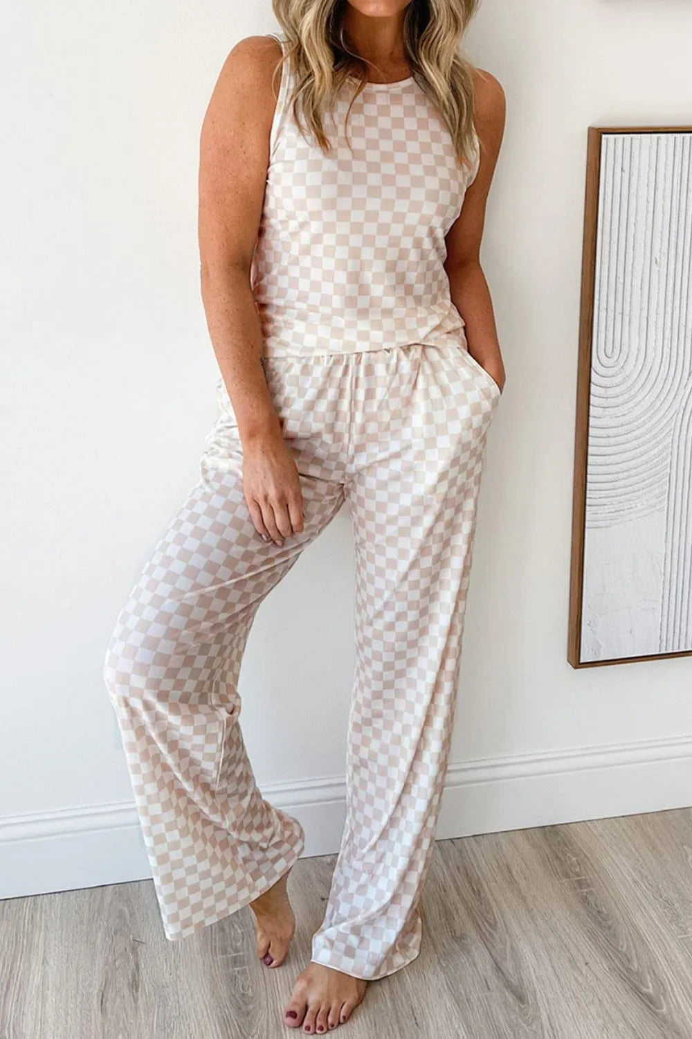 Ribbed Texture Checkered Print Tank and Pants Set