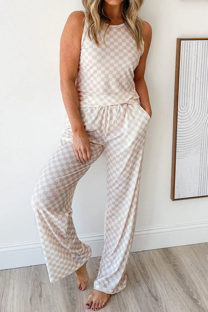 Ribbed Texture Checkered Print Tank and Pants Set