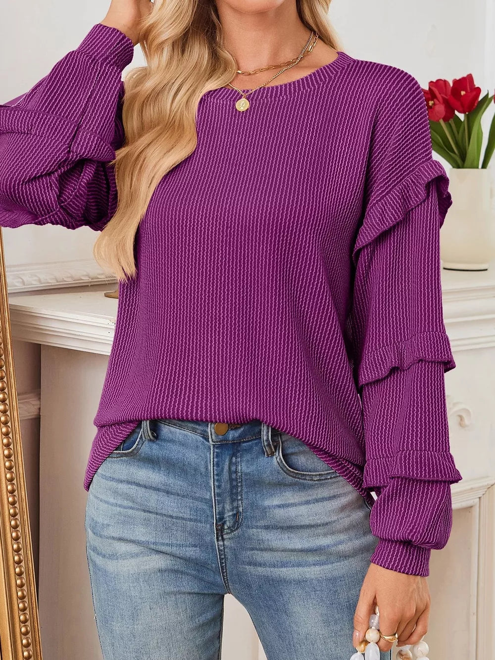 Round Neck Ruffled Long Sleeve Sweatshirt