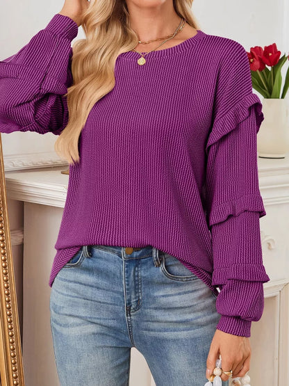 Round Neck Ruffled Long Sleeve Sweatshirt