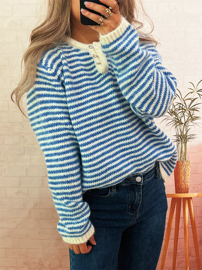 Striped Button Detail Long Sleeve Sweater