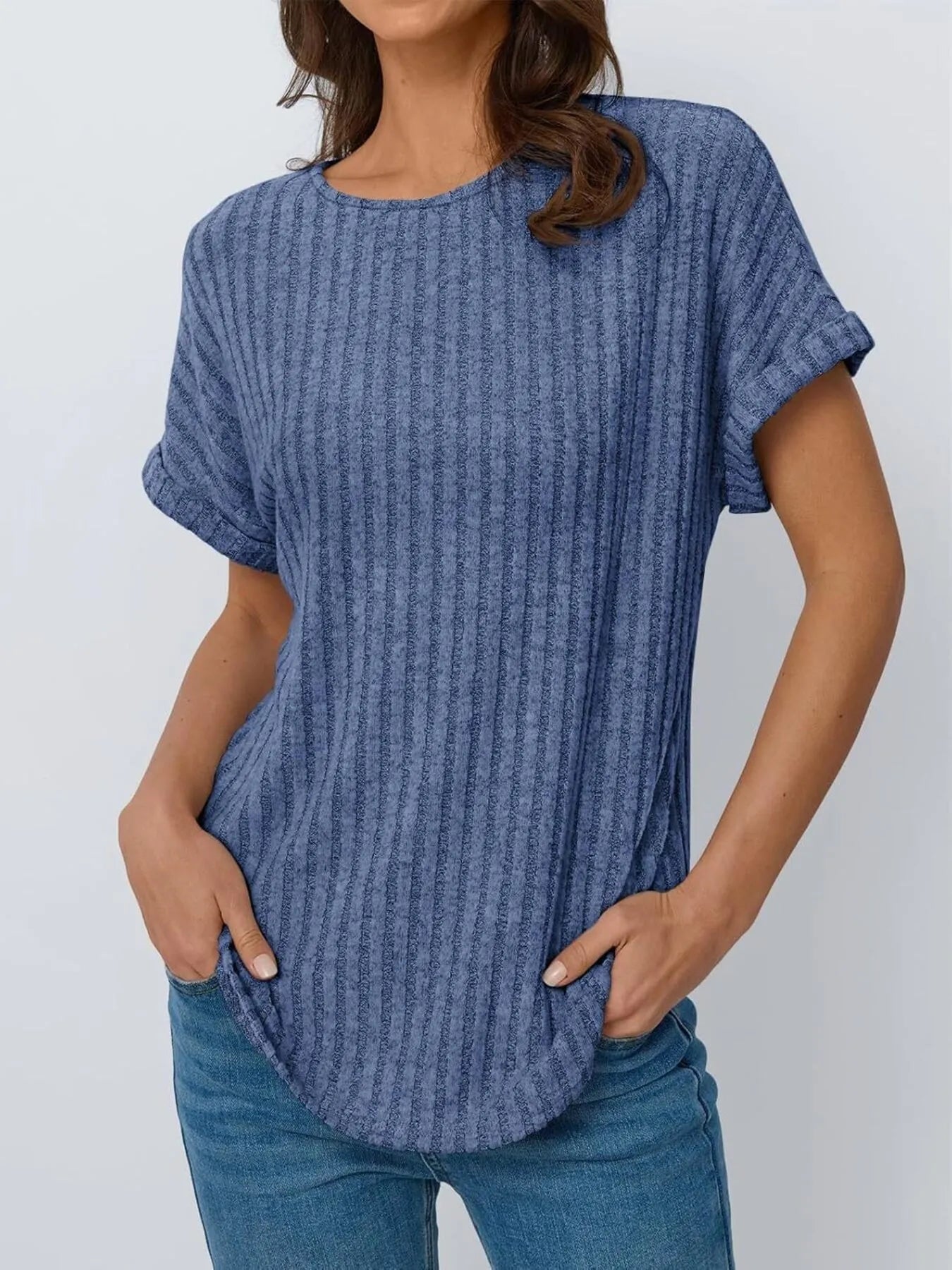Casual Ribbed Knit Short Sleeve T-Shirt Blue