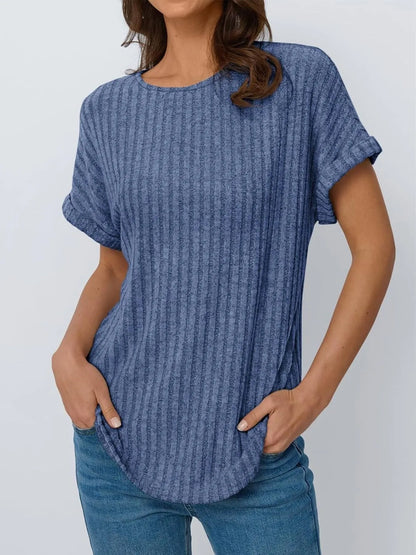 Casual Ribbed Knit Short Sleeve T-Shirt Blue