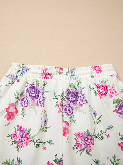 Floral Print Round Neck Top and Drawstring Pants Lounge Set